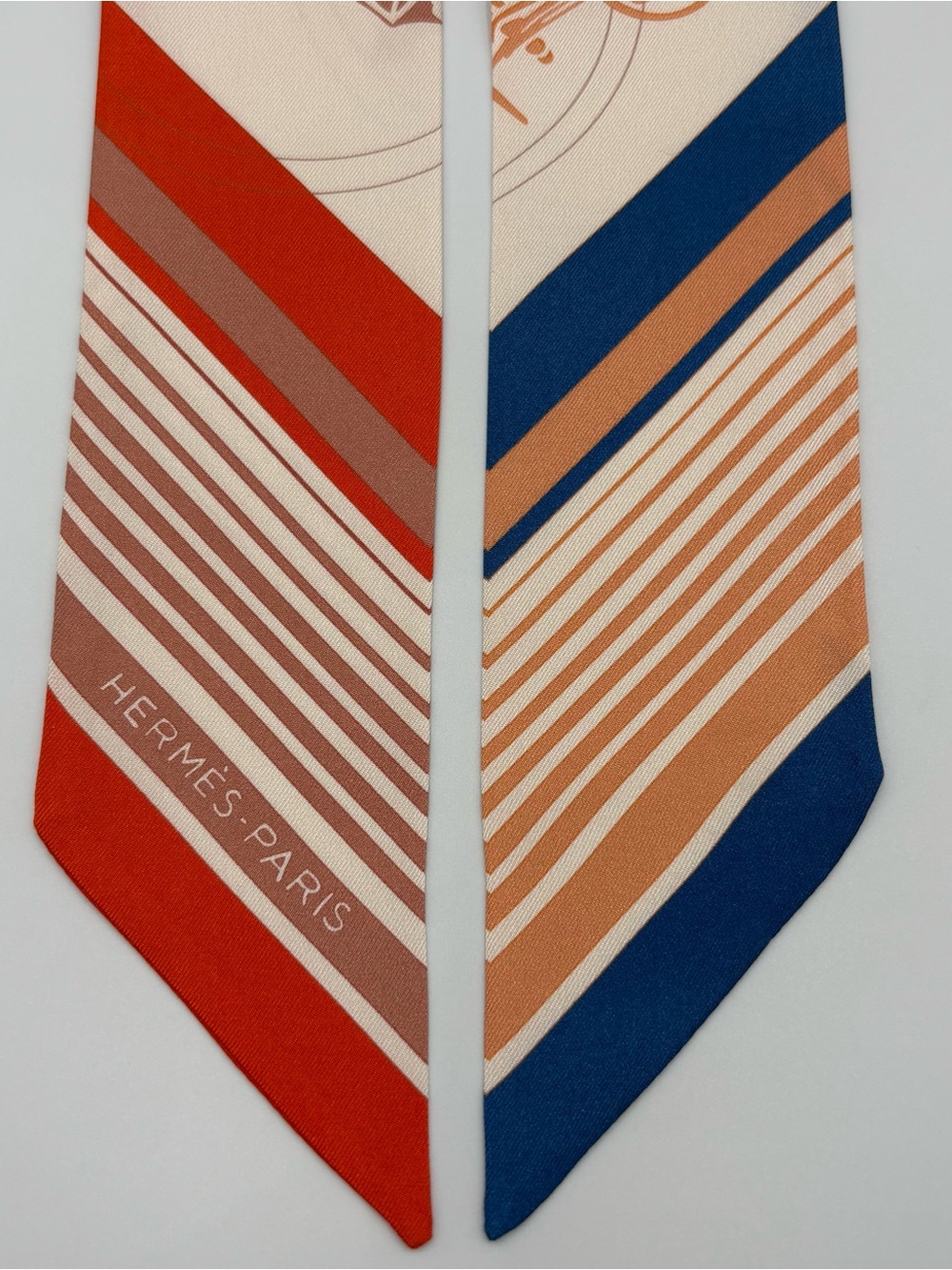 Hermes Ex-Libris Twilly Silk Scarf Creme Orange Beige Blue Carriage Stripe Print - Picture 3 of 6